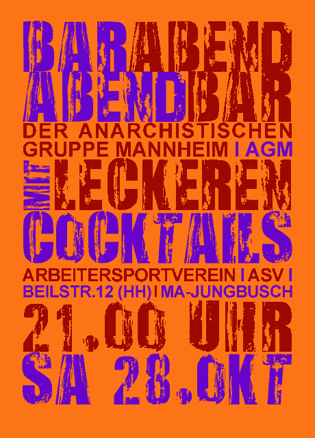 Barabend der Anarchistischen Gruppe Mannheim im ASV MA-Jungbusch am 28.10.2017 ab 21 Uhr